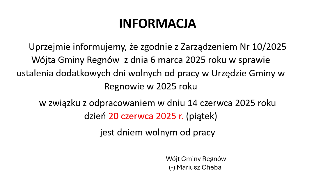 Informacja o dniu wolnym 20.06.2025