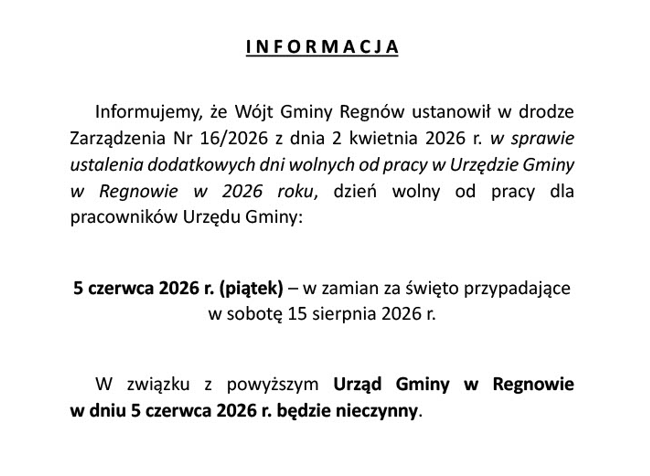 Informacja, że dzień 5 czerwca 2026 r. (piątek) jest dniem wolnym od pracy.
